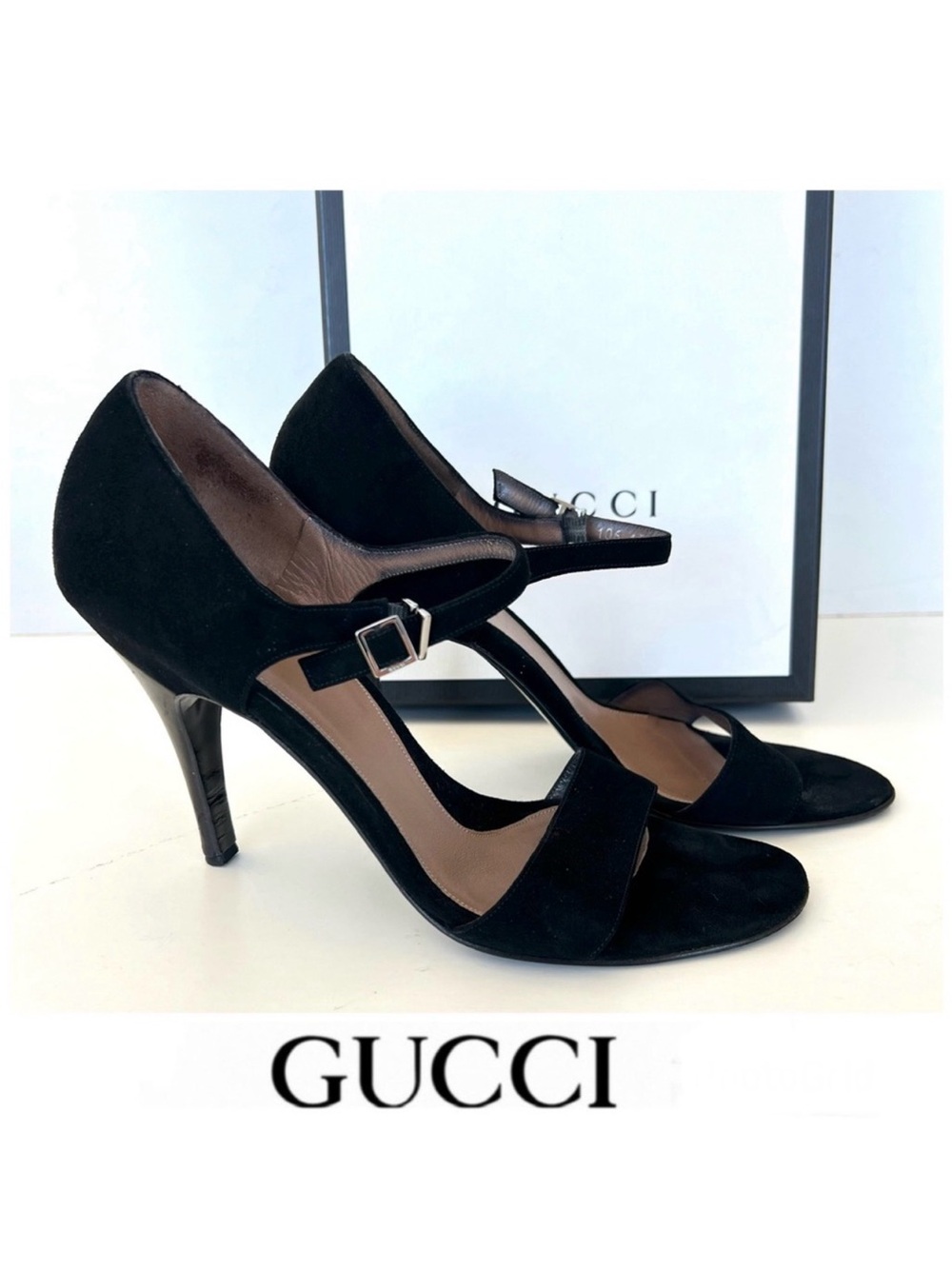 GUCCI Black Suede Interlocking Strap Closure Open Toe Classic Heel Sandal Sz 9 B